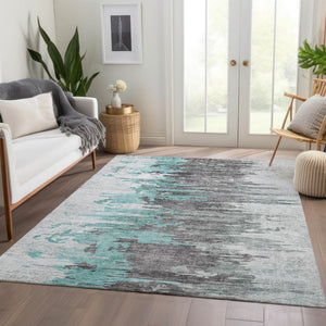 Homeroots 3' Blue Gray And Silver Abstract Washable Area Rug For Indoor And Outdoor Spaces - Durable Design 10' X 14' Polyester 582415