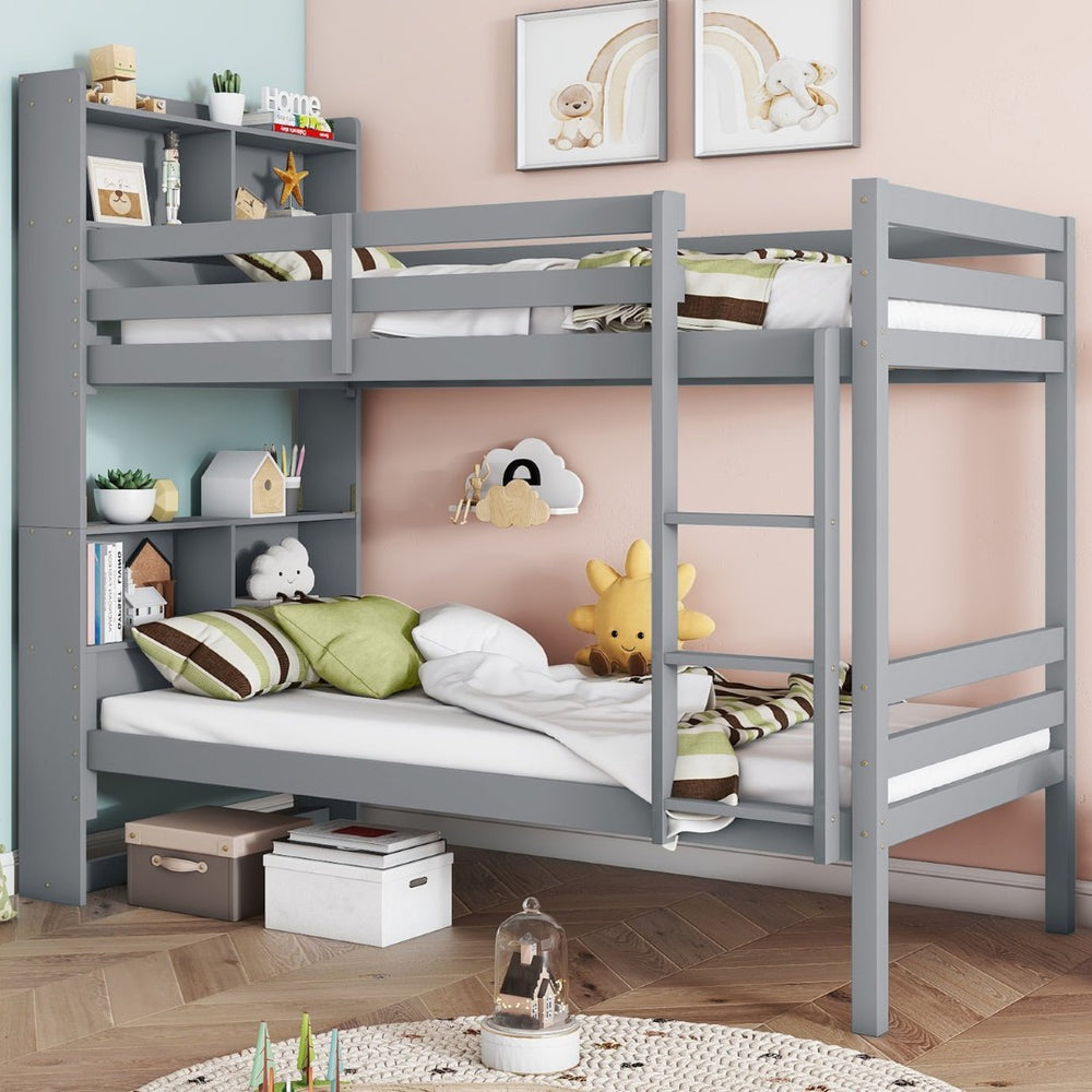 English Elm Twin Over Twin Bunk Bed With Storage Shelves, Safety Guardrails, Ladder & Convertible Design In Grey W504S00213-GIGA