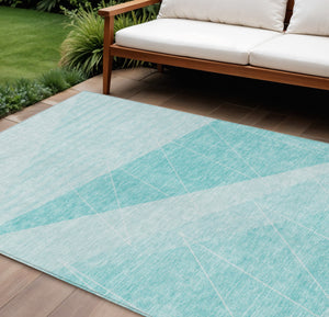 Homeroots 3' Mint Green And Ivory Geometric Washable Area Rug For Indoor And Outdoor Spaces, Stain Resistant 8' X 10' Polyester 582497