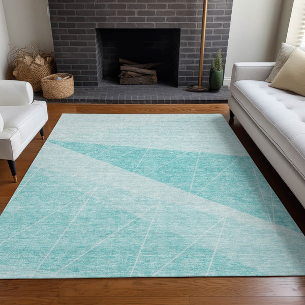 Homeroots 3' Mint Green And Ivory Geometric Washable Area Rug For Indoor And Outdoor Spaces, Stain Resistant 9' X 12' Polyester 582498