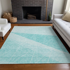 Homeroots 3' Mint Green And Ivory Geometric Washable Area Rug For Indoor And Outdoor Spaces, Stain Resistant 10' X 14' Polyester 582499