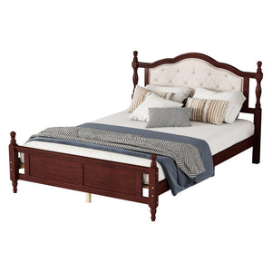 English Elm Queen Pine Wood Bed Upholstered Headboard Panel Footboard Classic Cherry Finish W504P181801