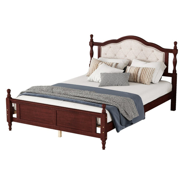 English Elm Queen Pine Wood Bed Upholstered Headboard Panel Footboard Classic Cherry Finish W504P181801