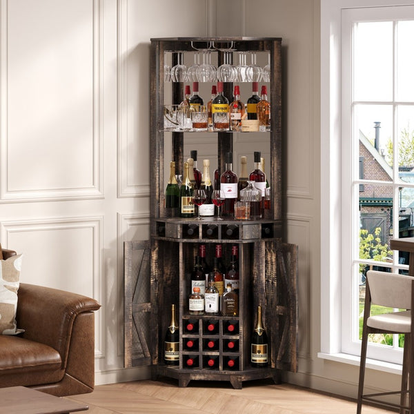 English Elm 67.3" Farmhouse Corner Bar Cabinet Led Lit Wine Storage with Built-in Power Outlets N735P361429D