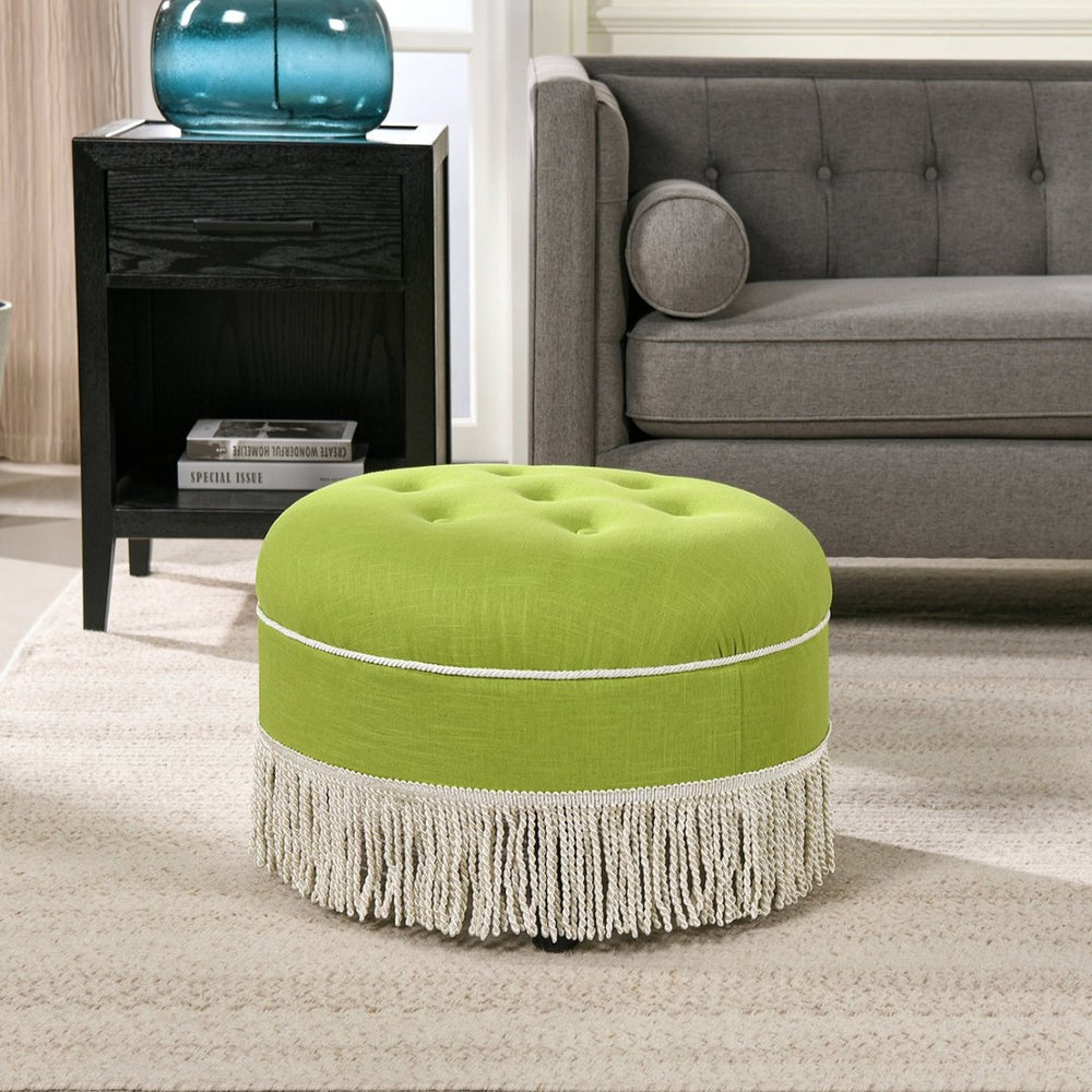 English Elm Yolanda Round Tufted Ottoman with Tassel Fringe Woven Fabric Bohemian Accent Seat B2719P238159