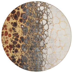 HomeRoots 5' Stylish Ivory Gray and Gold Abstract Area Rug - Durable, Washable for Indoor and Outdoor Use 8' Round 582526