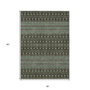 Homeroots 3' Brown Green And Olive Green Tribal Washable Area Rug For Indoor And Outdoor Spaces, Durable Design 3' X 5' Polyester 582548