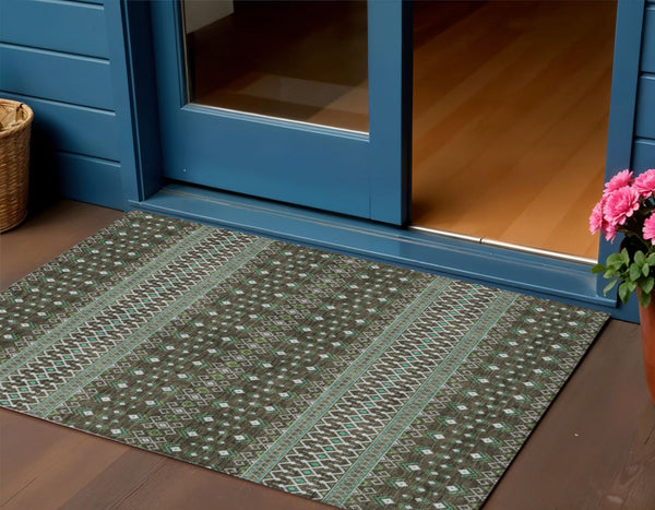 Homeroots 3' Brown Green And Olive Green Tribal Washable Area Rug For Indoor And Outdoor Spaces, Durable Design 3' X 5' Polyester 582548