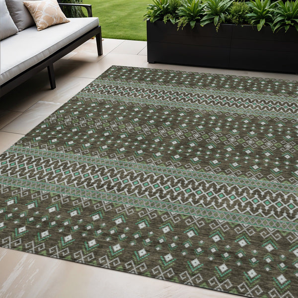 Homeroots 3' Brown Green And Olive Green Tribal Washable Area Rug For Indoor And Outdoor Spaces, Durable Design 5' X 8' Polyester 582549