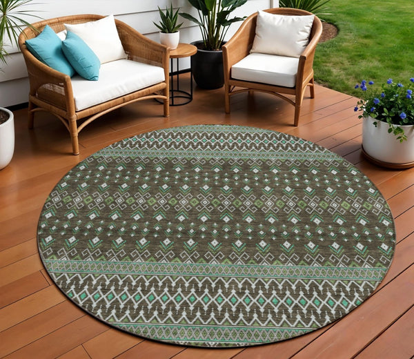 Homeroots 3' Brown Green And Olive Green Tribal Washable Area Rug For Indoor And Outdoor Spaces, Durable Design 8' Round Polyester 582550