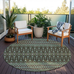 Homeroots 3' Brown Green And Olive Green Tribal Washable Area Rug For Indoor And Outdoor Spaces, Durable Design 8' Round Polyester 582550