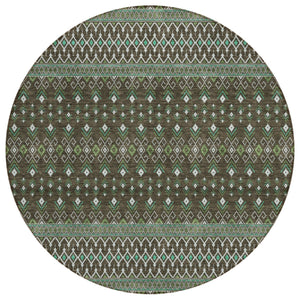 Homeroots 3' Brown Green And Olive Green Tribal Washable Area Rug For Indoor And Outdoor Spaces, Durable Design 8' Round Polyester 582550