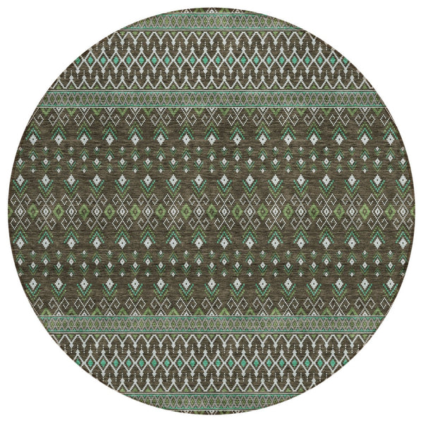 Homeroots 3' Brown Green And Olive Green Tribal Washable Area Rug For Indoor And Outdoor Spaces, Durable Design 8' Round Polyester 582550