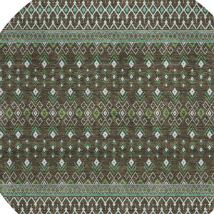 Homeroots 3' Brown Green And Olive Green Tribal Washable Area Rug For Indoor And Outdoor Spaces, Durable Design 8' Round Polyester 582550