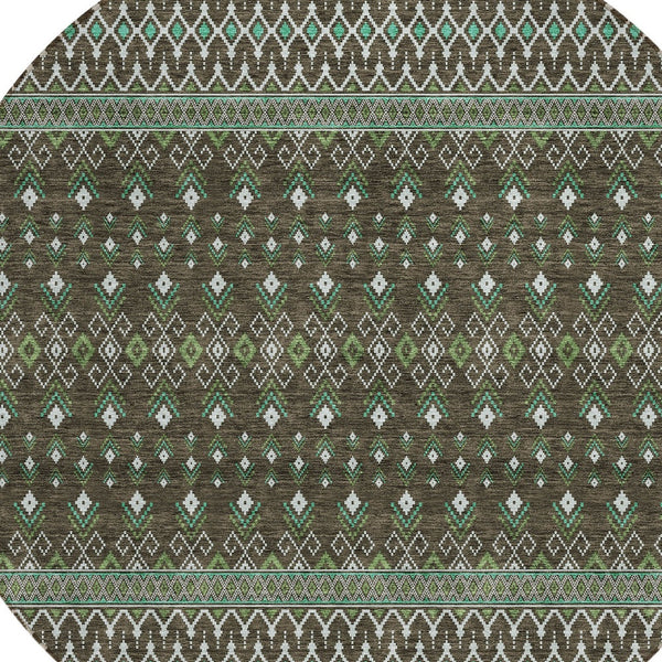 Homeroots 3' Brown Green And Olive Green Tribal Washable Area Rug For Indoor And Outdoor Spaces, Durable Design 8' Round Polyester 582550