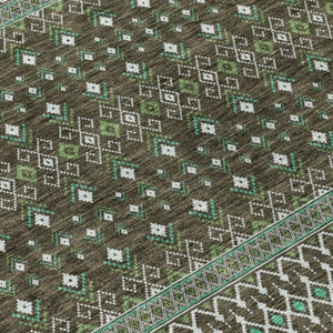 Homeroots 3' Brown Green And Olive Green Tribal Washable Area Rug For Indoor And Outdoor Spaces, Durable Design 8' Round Polyester 582550