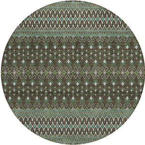 Homeroots 3' Brown Green And Olive Green Tribal Washable Area Rug For Indoor And Outdoor Spaces, Durable Design 8' Round Polyester 582550