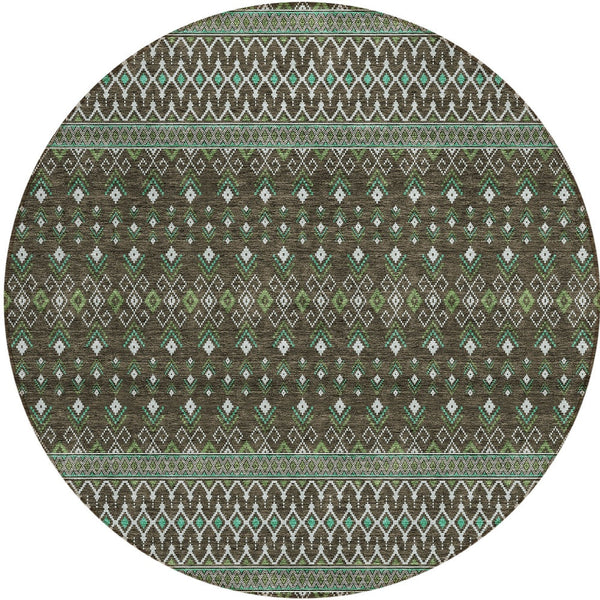 Homeroots 3' Brown Green And Olive Green Tribal Washable Area Rug For Indoor And Outdoor Spaces, Durable Design 8' Round Polyester 582550