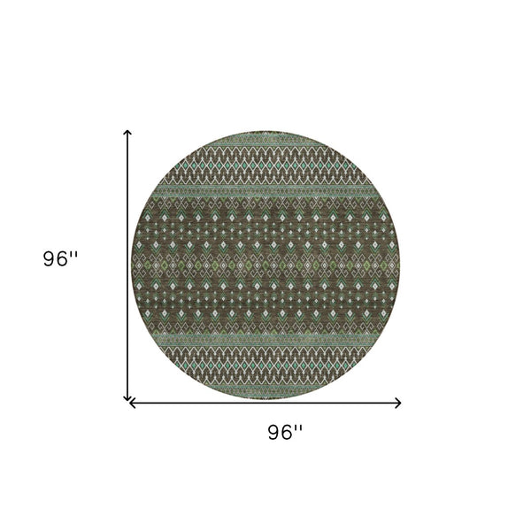 HomeRoots 5' Tribal Area Rug in Brown, Green, and Olive - Durable, Washable Design for Indoor & Outdoor Use 8' Round 582550