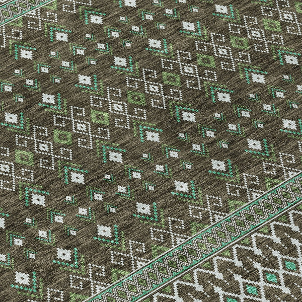 Homeroots 3' Brown Green And Olive Green Tribal Washable Area Rug For Indoor And Outdoor Spaces, Durable Design 8' X 10' Polyester 582551
