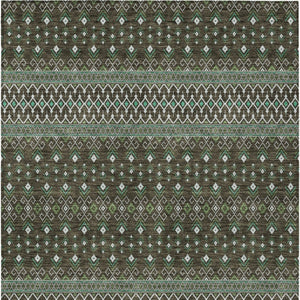 Homeroots 3' Brown Green And Olive Green Tribal Washable Area Rug For Indoor And Outdoor Spaces, Durable Design 9' X 12' Polyester 582552