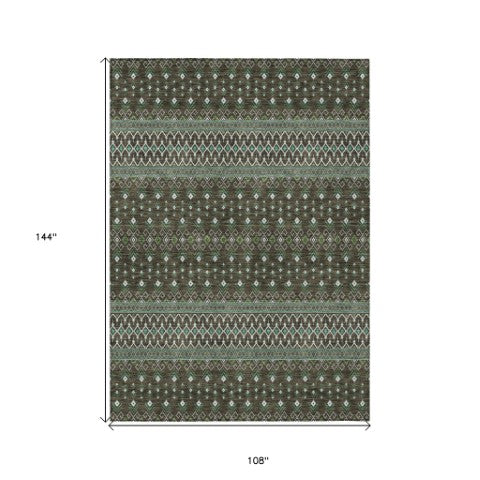 Homeroots 3' Brown Green And Olive Green Tribal Washable Area Rug For Indoor And Outdoor Spaces, Durable Design 9' X 12' Polyester 582552