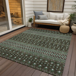 Homeroots 3' Brown Green And Olive Green Tribal Washable Area Rug For Indoor And Outdoor Spaces, Durable Design 9' X 12' Polyester 582552