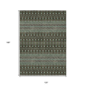 Homeroots 3' Brown Green And Olive Green Tribal Washable Area Rug For Indoor And Outdoor Spaces, Durable Design 10' X 14' Polyester 582553