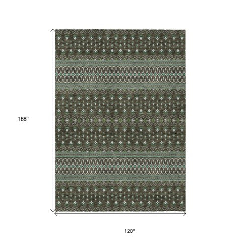 Homeroots 3' Brown Green And Olive Green Tribal Washable Area Rug For Indoor And Outdoor Spaces, Durable Design 10' X 14' Polyester 582553