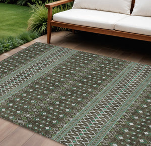 Homeroots 3' Brown Green And Olive Green Tribal Washable Area Rug For Indoor And Outdoor Spaces, Durable Design 10' X 14' Polyester 582553