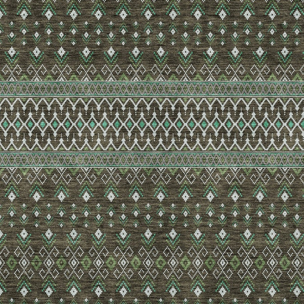 Homeroots 3' Brown Green And Olive Green Tribal Washable Area Rug For Indoor And Outdoor Spaces, Durable Design 10' X 14' Polyester 582553