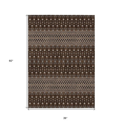 Homeroots 3' Brown Green And Olive Green Tribal Washable Area Rug For Indoor And Outdoor Spaces, Durable Design 3' X 5' Polyester 582554