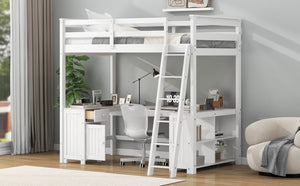 English Elm Full Loft Bed with U-Shaped Workstation, Built-In Drawers, Shelves & Cabinet for Space Saving White GX001039AAK