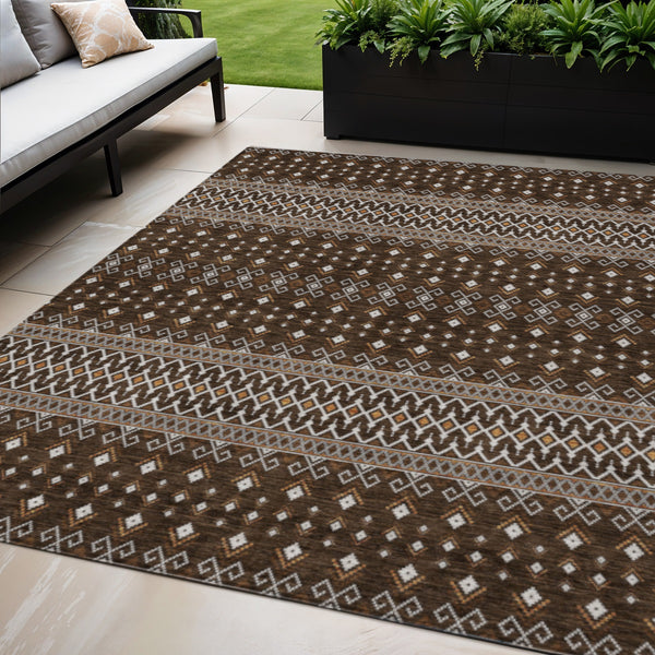 Homeroots 3' Brown Green And Olive Green Tribal Washable Area Rug For Indoor And Outdoor Spaces, Durable Design 5' X 8' Polyester 582555