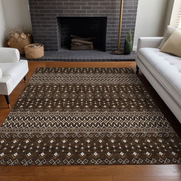 Homeroots 3' Brown Green And Olive Green Tribal Washable Area Rug For Indoor And Outdoor Spaces, Durable Design 5' X 8' Polyester 582555