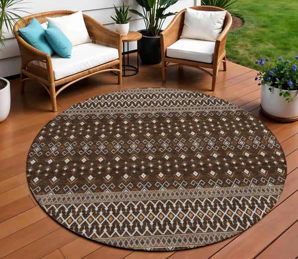 Homeroots 3' Brown Green And Olive Green Tribal Washable Area Rug For Indoor And Outdoor Spaces, Durable Design 8' Round Polyester 582556