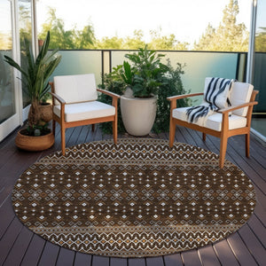 Homeroots 3' Brown Green And Olive Green Tribal Washable Area Rug For Indoor And Outdoor Spaces, Durable Design 8' Round Polyester 582556