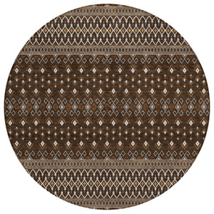 HomeRoots 5' Stylish Chocolate Taupe and Copper Tribal Area Rug – Durable, Washable, Perfect for Indoor & Outdoor Spaces 8' Round 582556