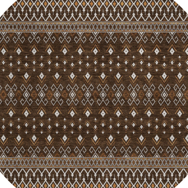 Homeroots 3' Brown Green And Olive Green Tribal Washable Area Rug For Indoor And Outdoor Spaces, Durable Design 8' Round Polyester 582556