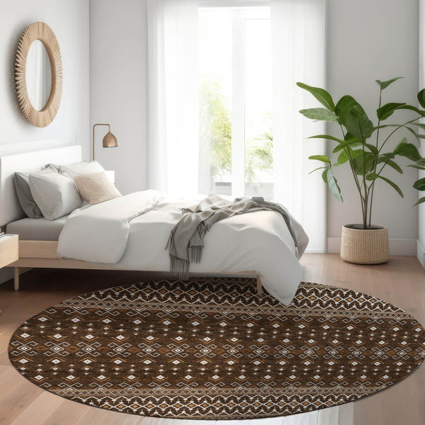 Homeroots 3' Brown Green And Olive Green Tribal Washable Area Rug For Indoor And Outdoor Spaces, Durable Design 8' Round Polyester 582556