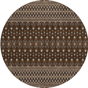 Homeroots 3' Brown Green And Olive Green Tribal Washable Area Rug For Indoor And Outdoor Spaces, Durable Design 8' Round Polyester 582556