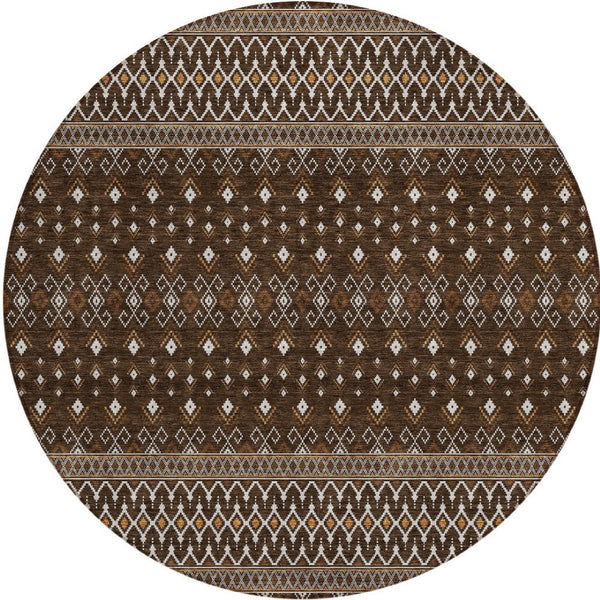 Homeroots 3' Brown Green And Olive Green Tribal Washable Area Rug For Indoor And Outdoor Spaces, Durable Design 8' Round Polyester 582556