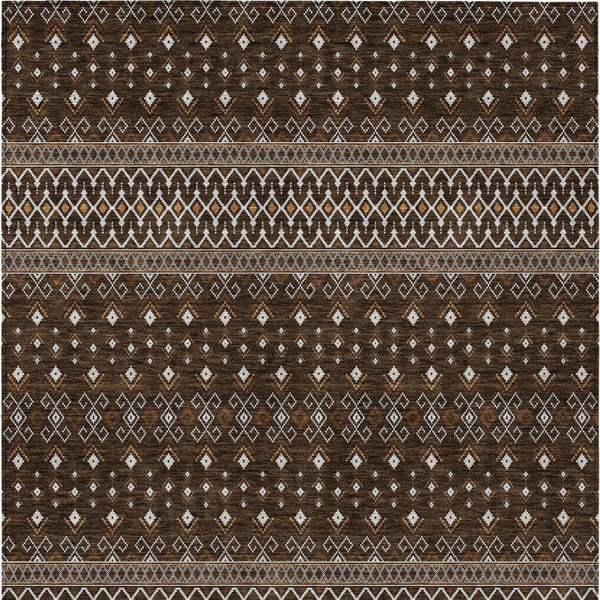 Homeroots 3' Brown Green And Olive Green Tribal Washable Area Rug For Indoor And Outdoor Spaces, Durable Design 9' X 12' Polyester 582558