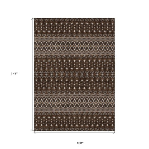 Homeroots 3' Brown Green And Olive Green Tribal Washable Area Rug For Indoor And Outdoor Spaces, Durable Design 9' X 12' Polyester 582558