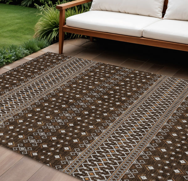 Homeroots 3' Brown Green And Olive Green Tribal Washable Area Rug For Indoor And Outdoor Spaces, Durable Design 9' X 12' Polyester 582558