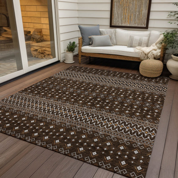 Homeroots 3' Brown Green And Olive Green Tribal Washable Area Rug For Indoor And Outdoor Spaces, Durable Design 10' X 14' Polyester 582559