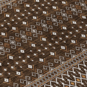 Homeroots 3' Brown Green And Olive Green Tribal Washable Area Rug For Indoor And Outdoor Spaces, Durable Design 10' X 14' Polyester 582559