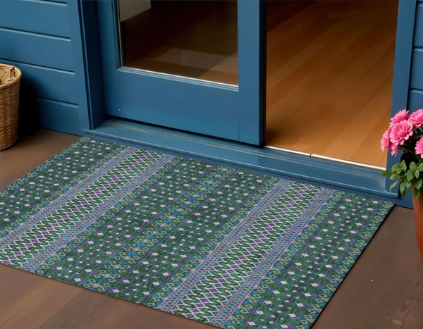 Homeroots 3' Brown Green And Olive Green Tribal Washable Area Rug For Indoor And Outdoor Spaces, Durable Design 3' X 5' Polyester 582560