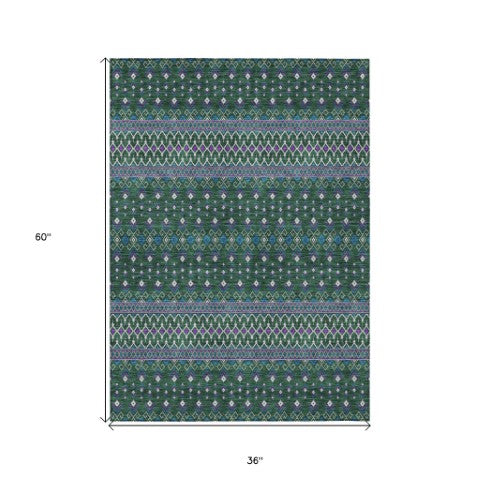 Homeroots 3' Brown Green And Olive Green Tribal Washable Area Rug For Indoor And Outdoor Spaces, Durable Design 3' X 5' Polyester 582560