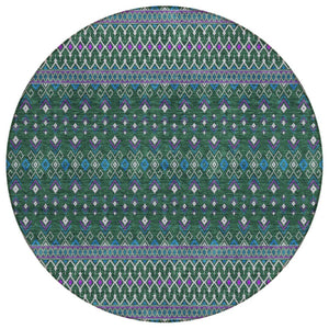 HomeRoots 5' Tribal-Inspired Washable Area Rug in Vibrant Green, Blue & Purple - Ideal for Indoor/Outdoor Use 8' Round 582562